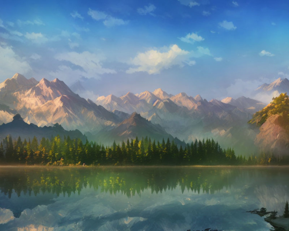 Tranquil lake reflecting forested shore and sunlit mountains