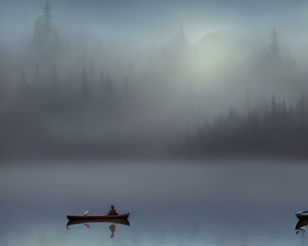 Canoeing on tranquil lake with misty forests and mountains at twilight