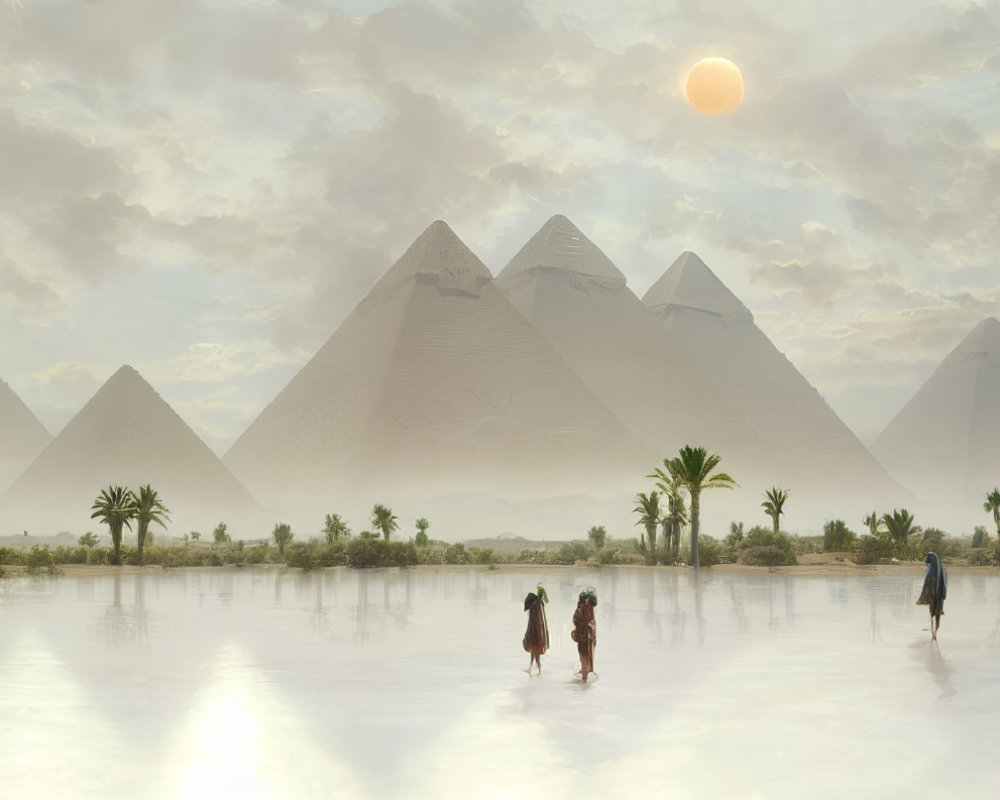 People walking on water with sun reflections, pyramids, and cloudy sky