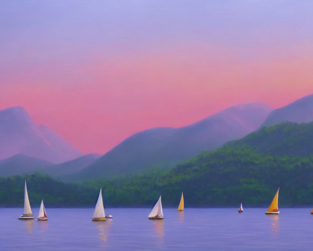 Tranquil Lake with Sailboats, Purple Mountains, and Pastel Sunset Sky