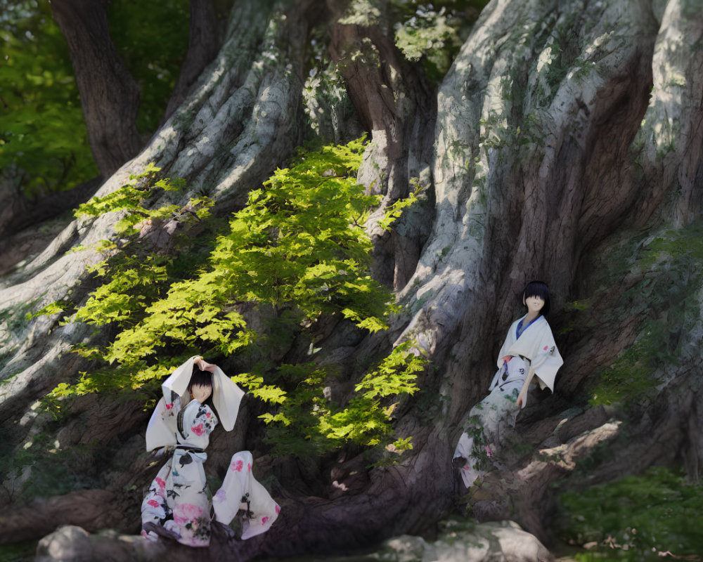 Two People in Traditional Attire Sitting by Large Tree