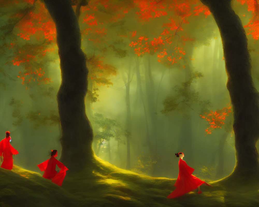 Three People in Red Robes Explore Mystical Forest with Golden Light