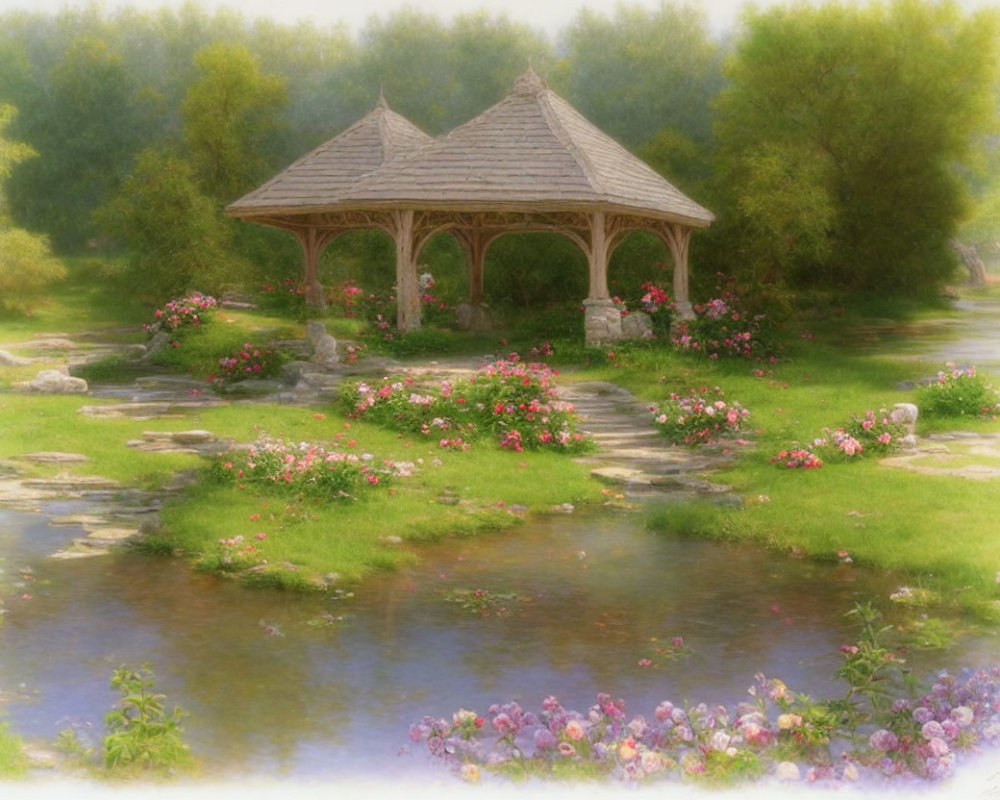 Tranquil garden with wooden gazebo and pink flowers