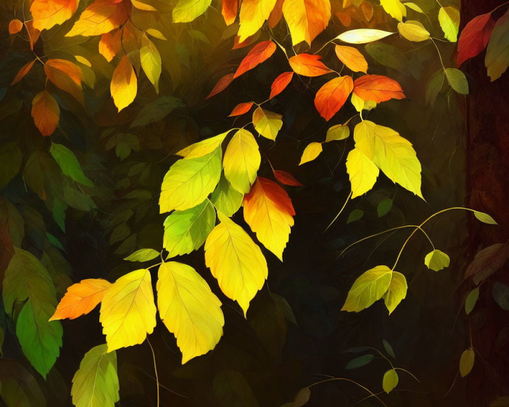 Colorful autumn leaves against dark forest background