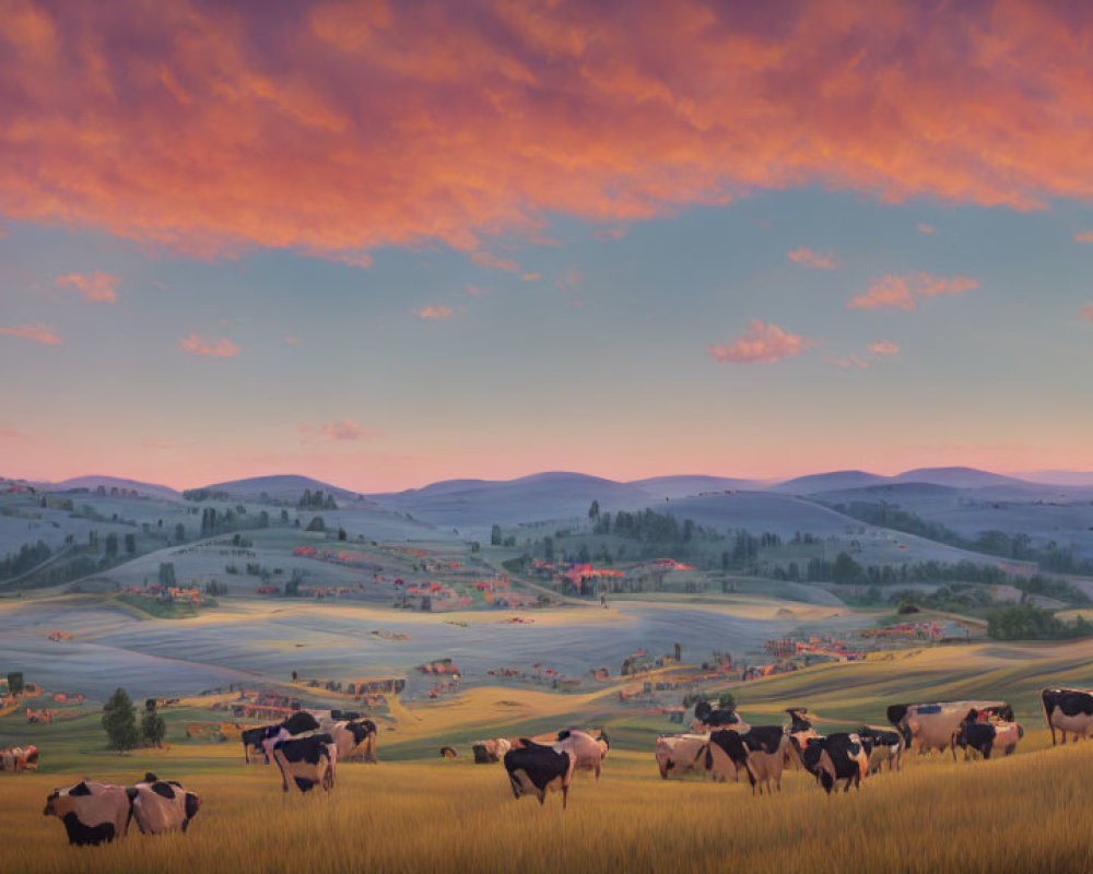 Rural landscape with cows grazing in golden field and farmhouses under vibrant sunset sky