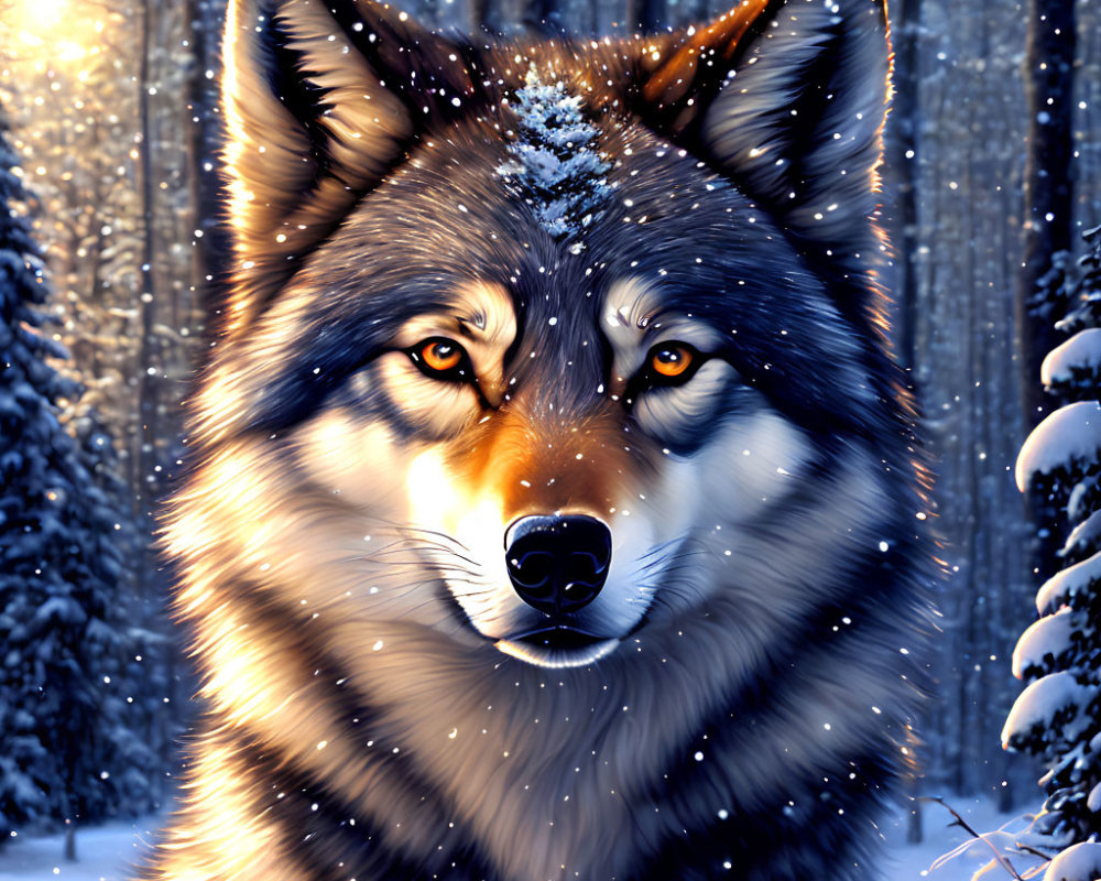 Detailed Wolf Illustration in Snowy Forest with Piercing Eyes