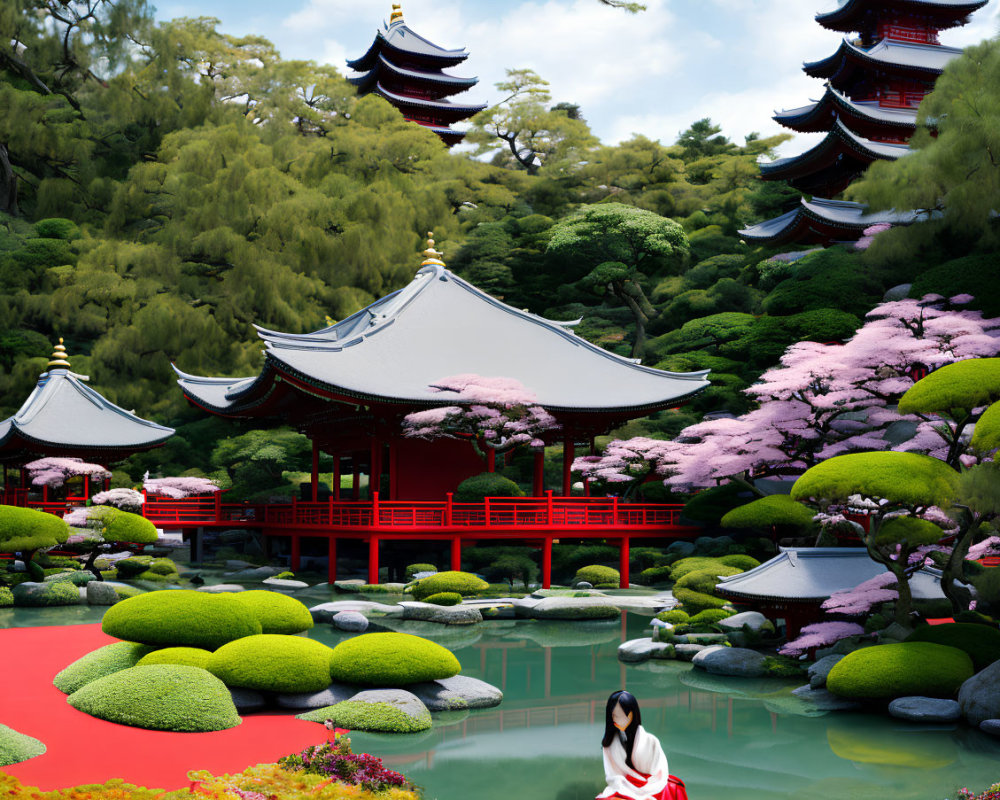 Tranquil Japanese garden with cherry blossoms, pagodas, red bridge, and kimono