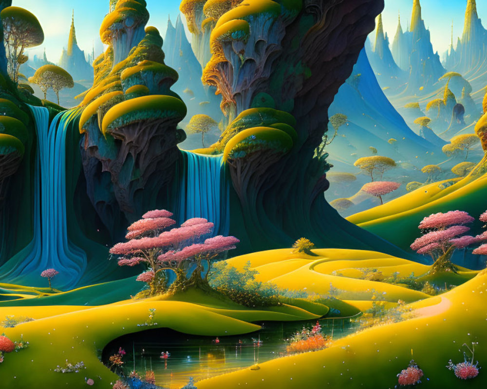 Vibrant waterfalls and alien flora in fantastical landscape