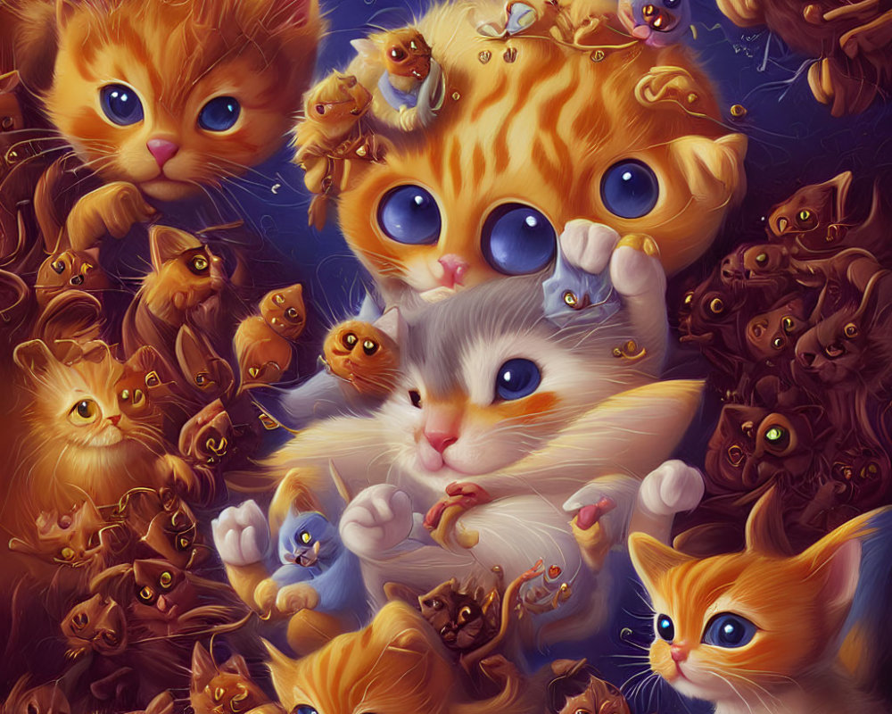 Colorful Cartoon Cats Illustration with Big-Eyed Kittens