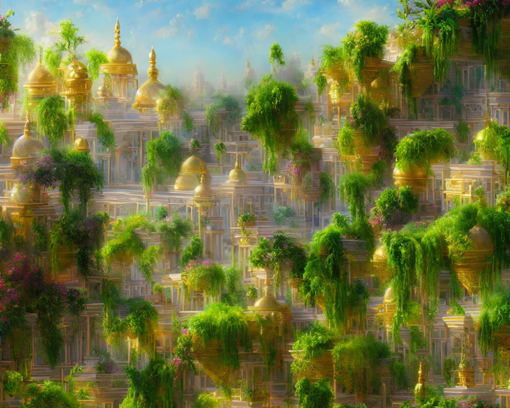 Fantastical landscape with golden temples and vibrant flora