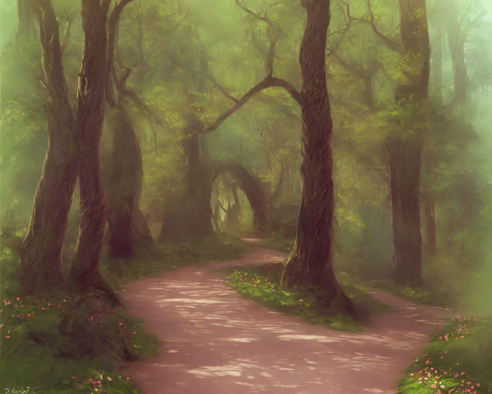 Tranquil forest path with towering trees and soft green light