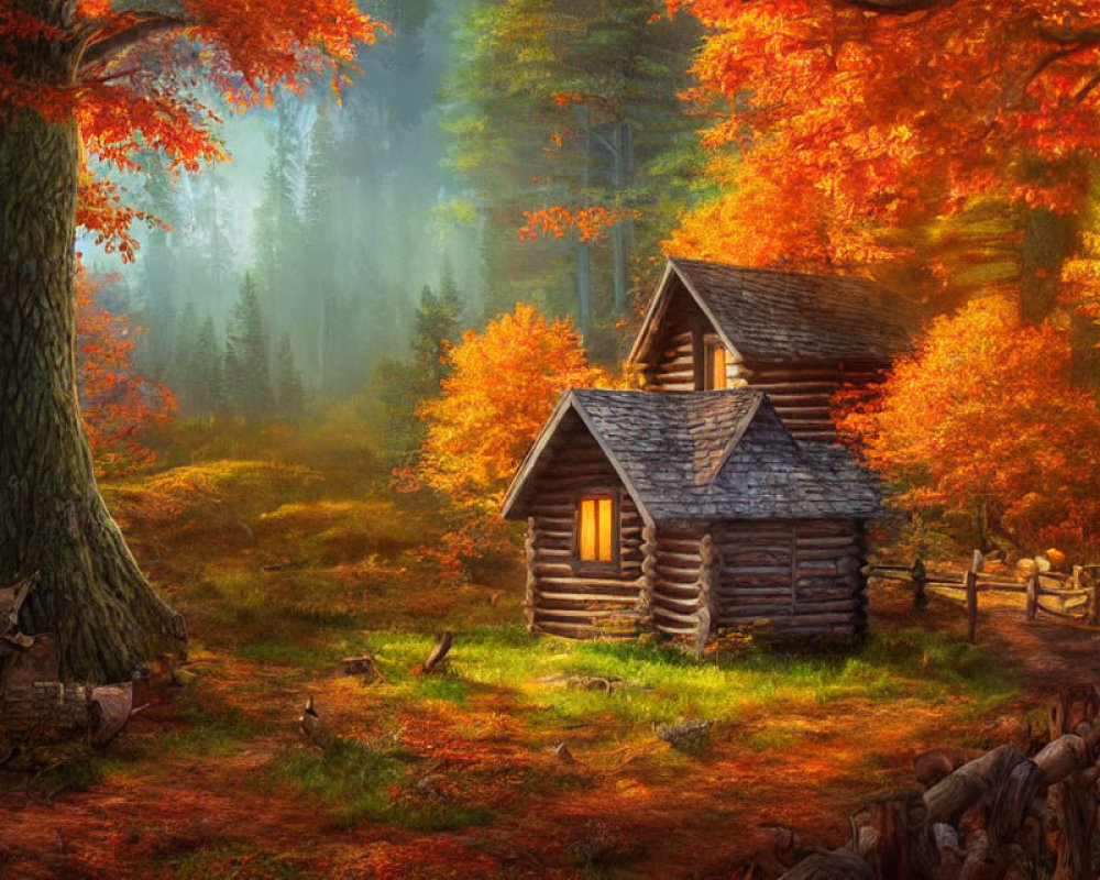 Rustic log cabin in autumn forest with sunlight filtering through trees