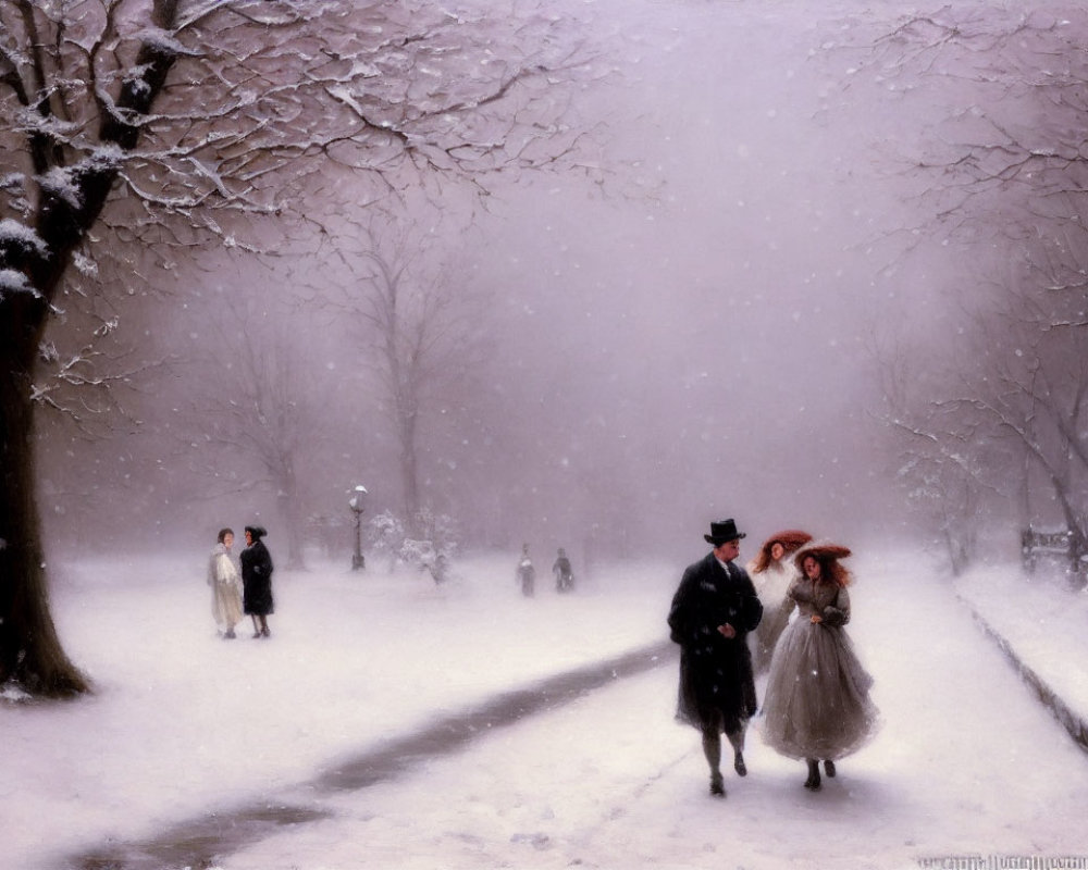 Snow-covered park scene with couple, strolling people, and playing children