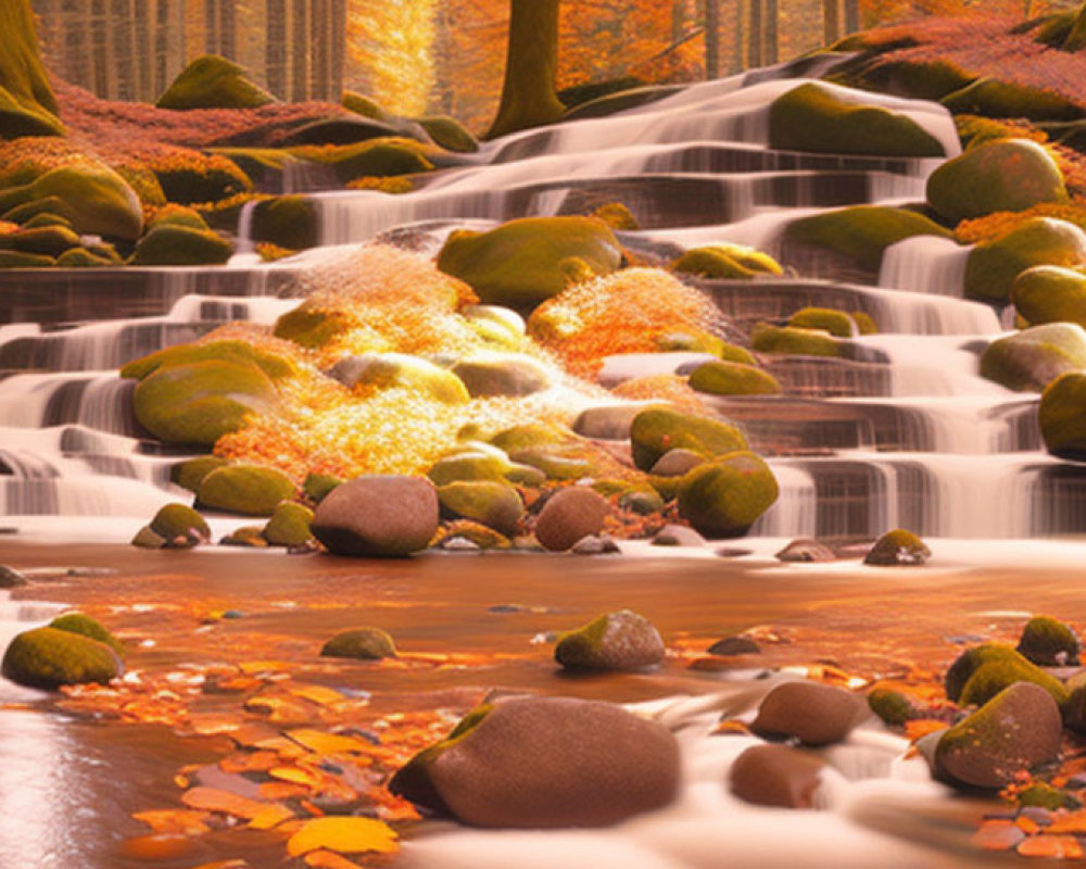 Tranquil waterfall in autumn forest with moss-covered rocks