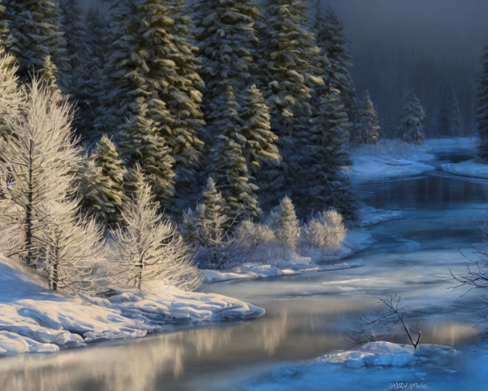 Snow-covered trees and river in serene winter scene