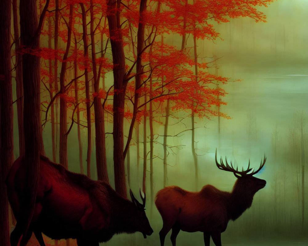 Elks by misty lake with red trees and warm glow