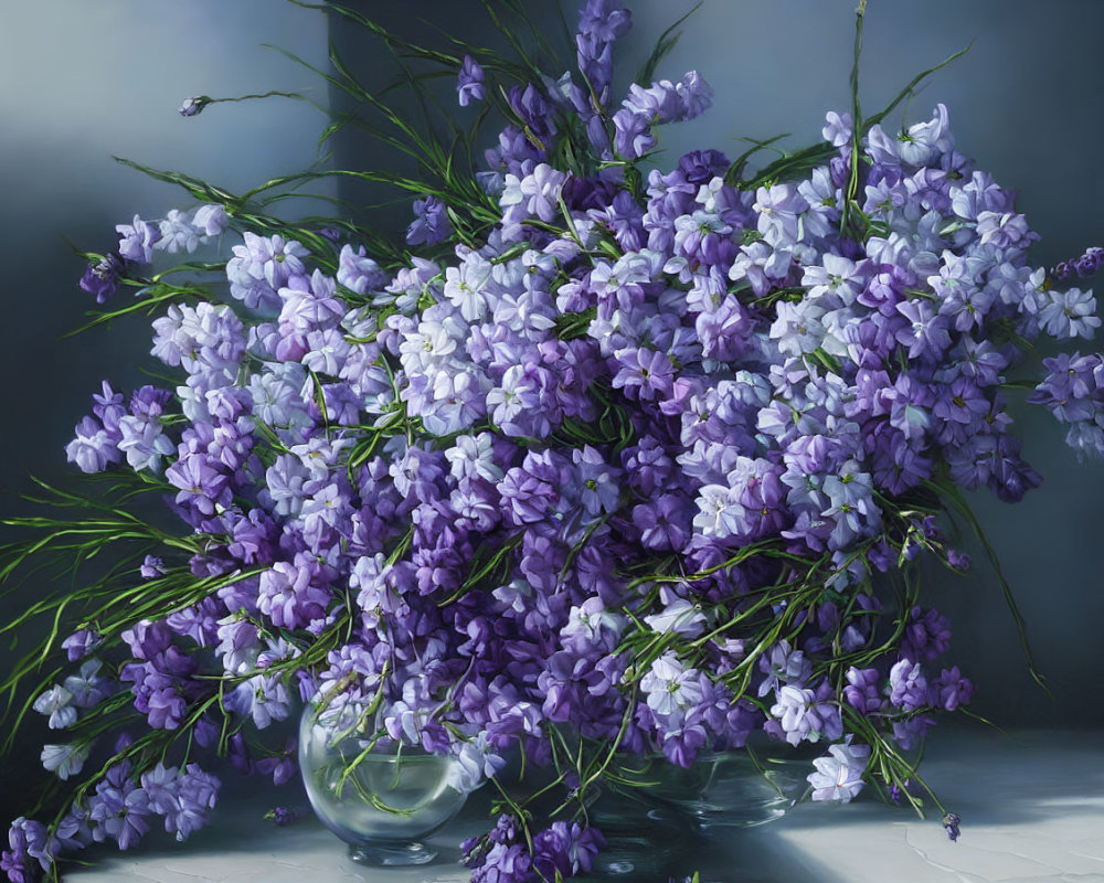 Purple Flowers in Transparent Glass Vases on Gray Background