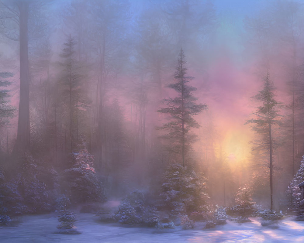 Snowy Forest Cabin at Sunset: Misty Pine Trees and Warm Glow