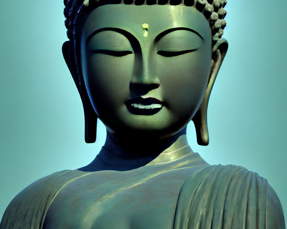 Serene Buddha Statue with Intricate Facial Details on Blue Background