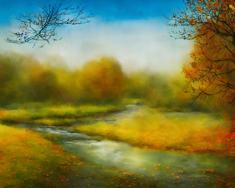 Tranquil autumn landscape with colorful trees and gentle stream