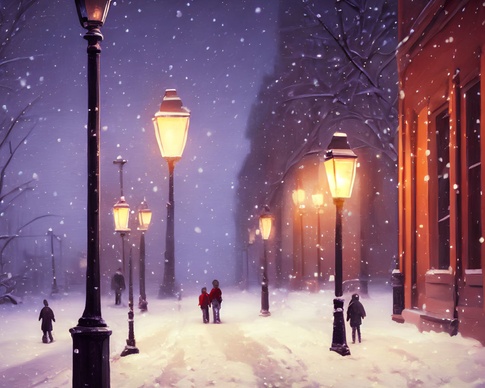 Snowy Evening Scene: People Walking Under Glowing Streetlamps