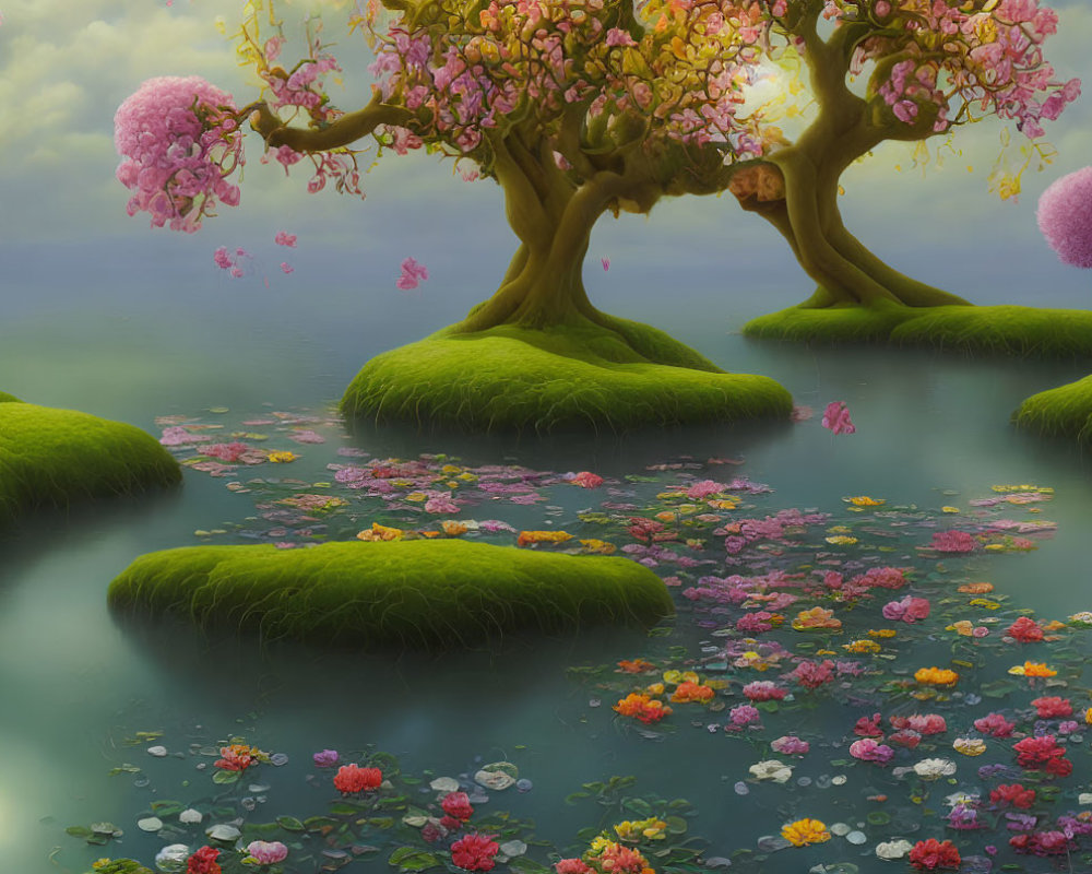 Tranquil fantasy landscape with flowering trees, serene pond, and colorful flowers