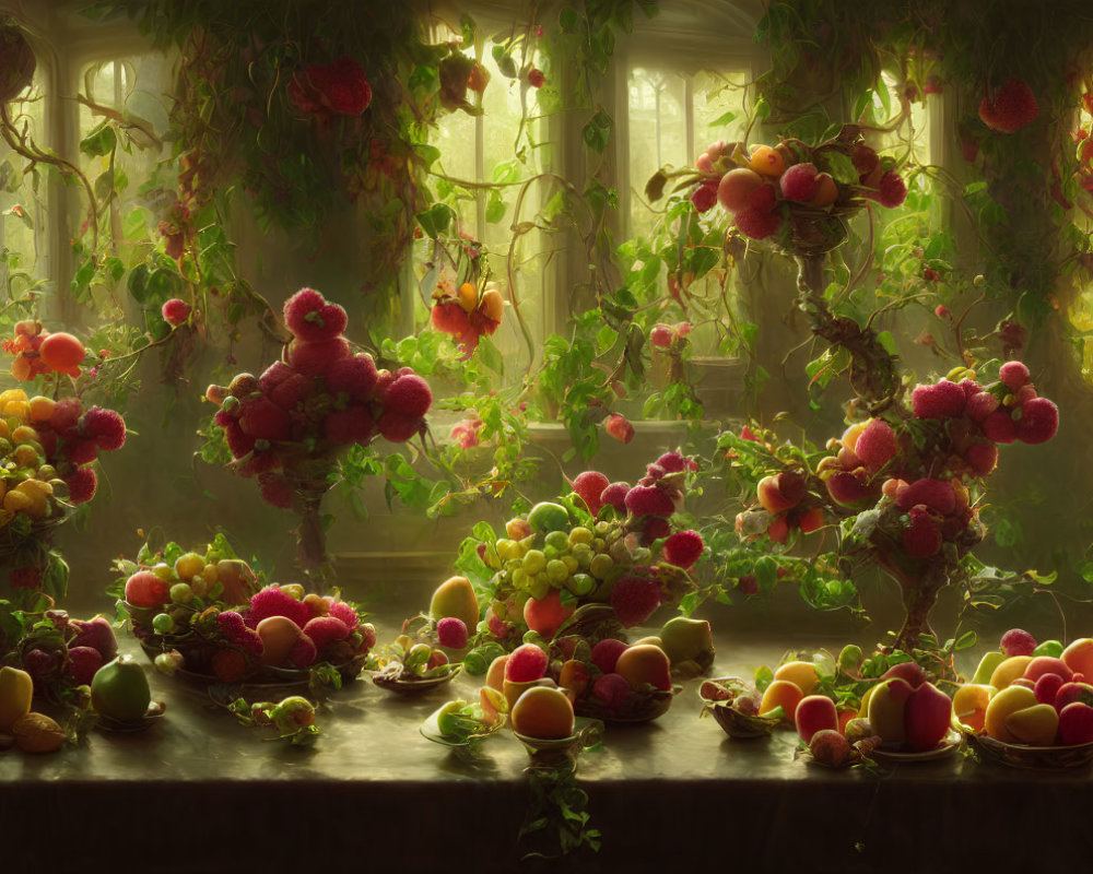 Vibrant indoor garden with ripe fruits under soft sunlight