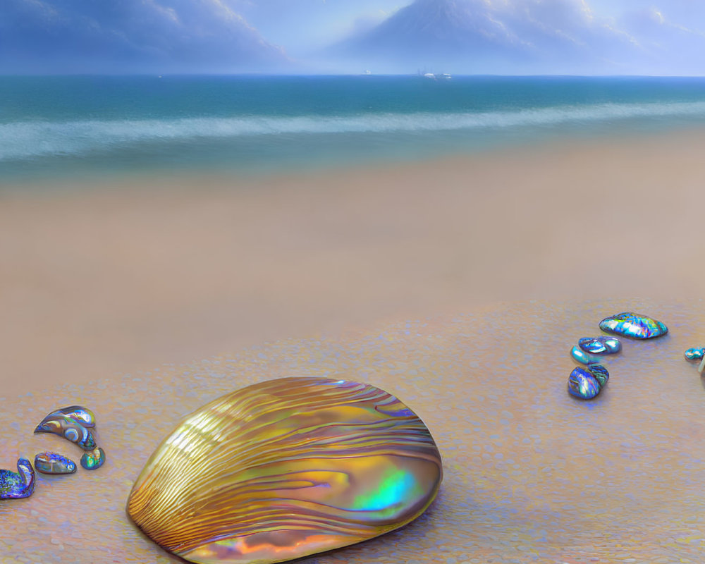 Tranquil Beach Scene with Iridescent Shell, Pebbles, Calm Sea, and D