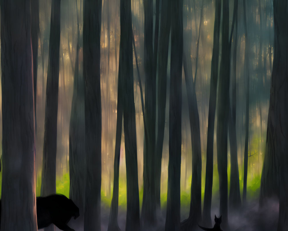 Enchanting forest scene with deer silhouettes and tall trees