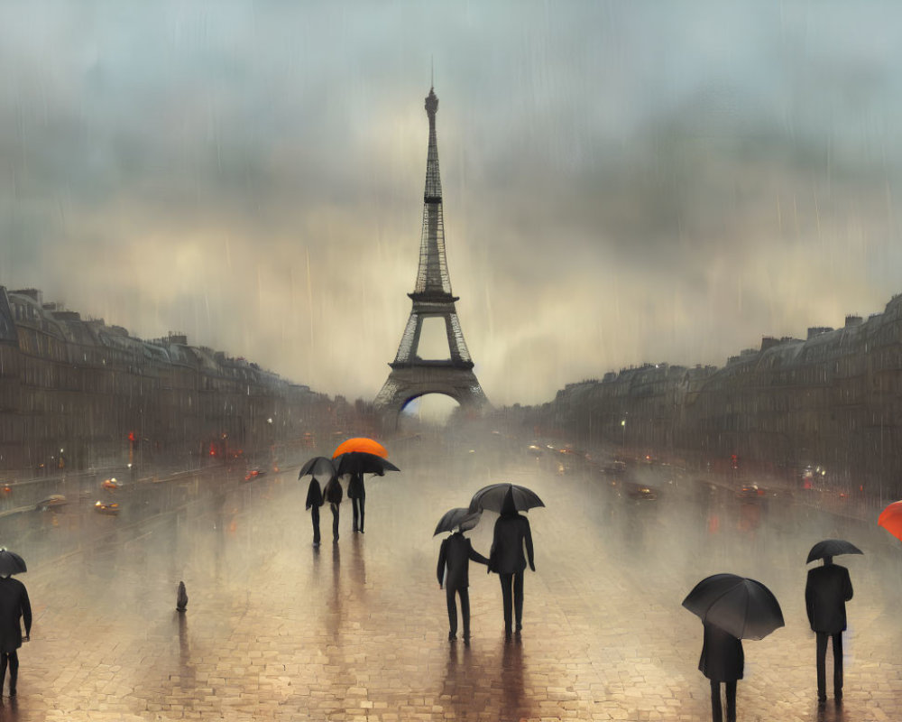 Paris Rainy Street Scene with Umbrellas & Eiffel Tower in Background