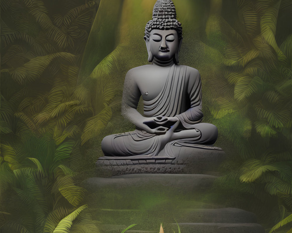 Tranquil Buddha statue meditating in lush forest setting