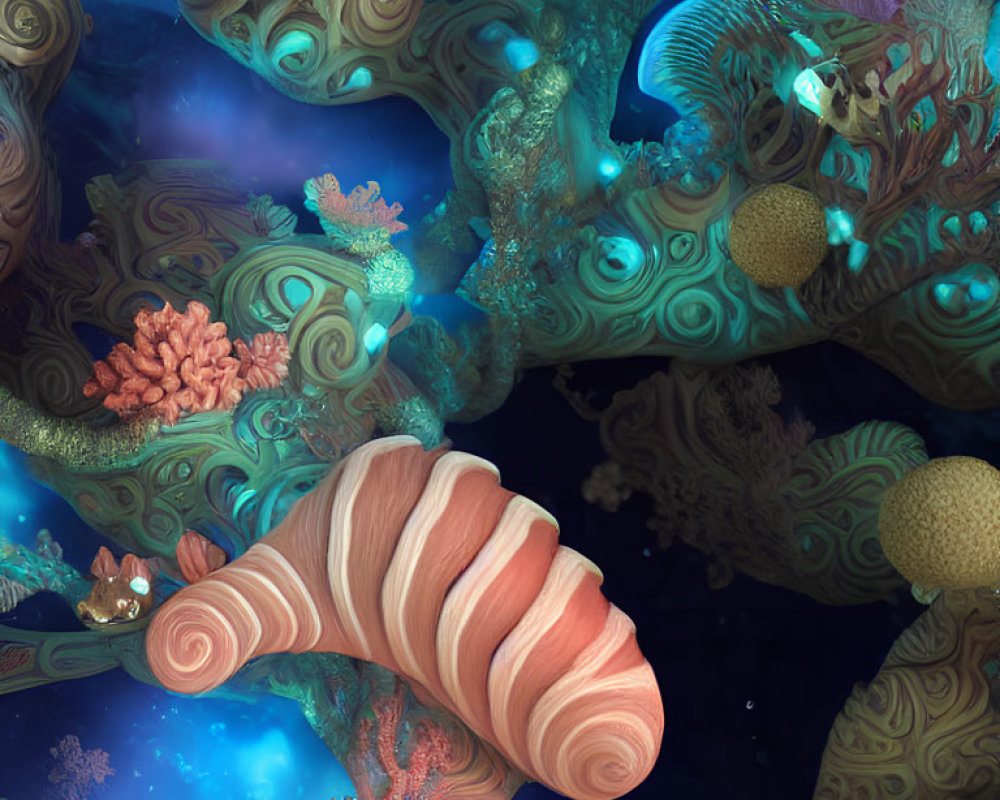 Colorful underwater scene with stylized coral and sea creatures in vibrant blue glow