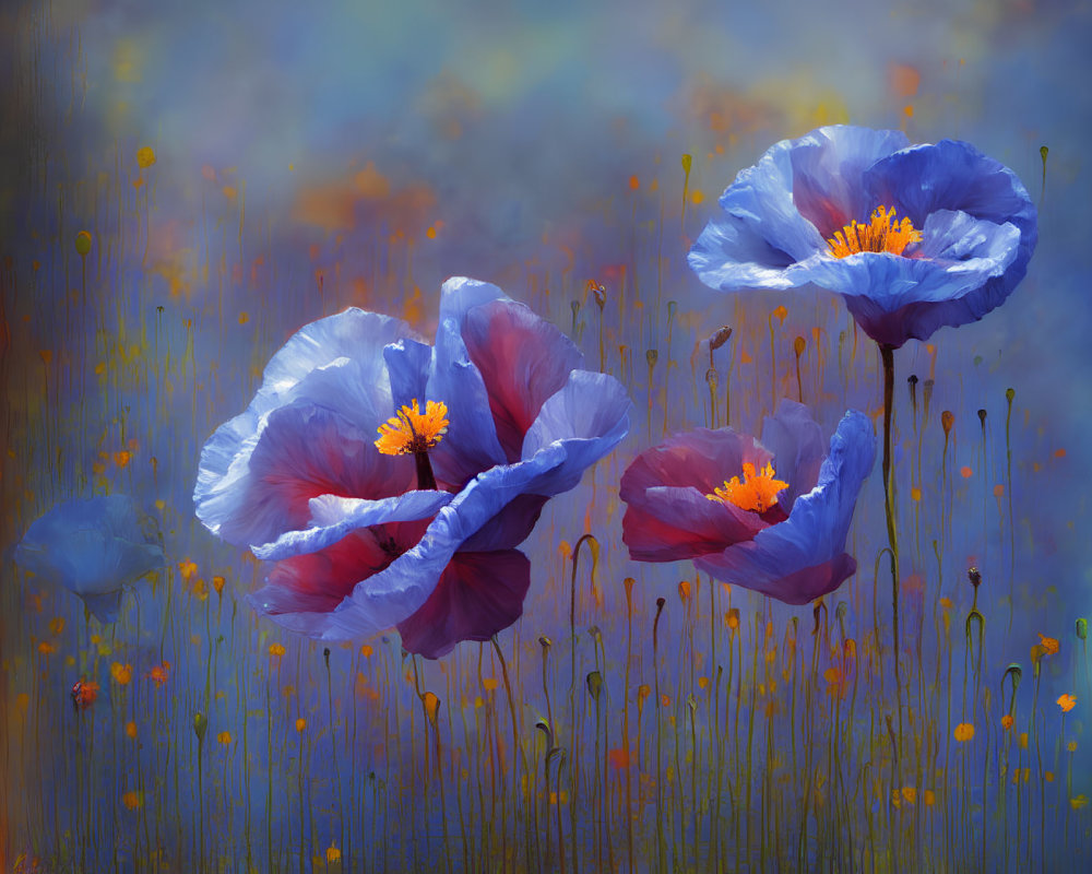 Vibrant blue poppies in dreamy wildflower field under blue gradient sky