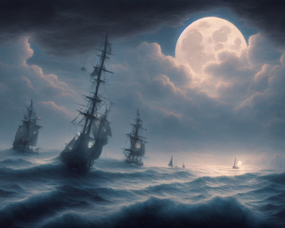 Sailing ships on stormy seas under full moon sky