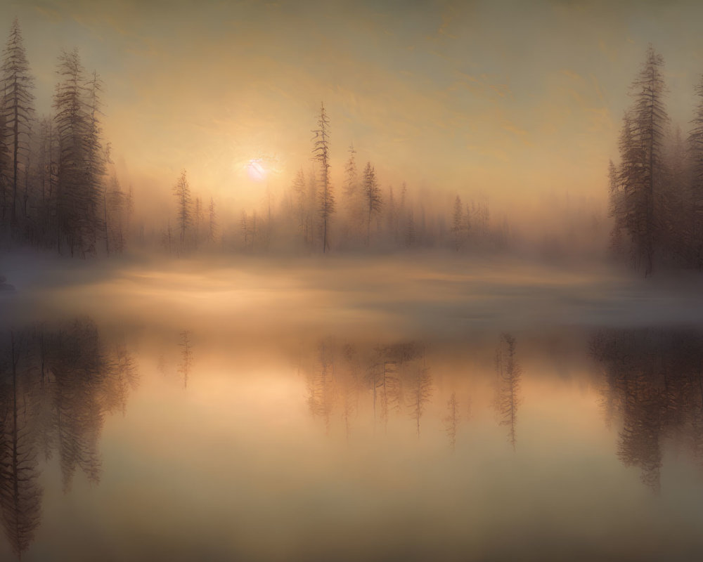 Sunrise in Misty Forest with Sunlight Through Trees and Reflecting on Lake