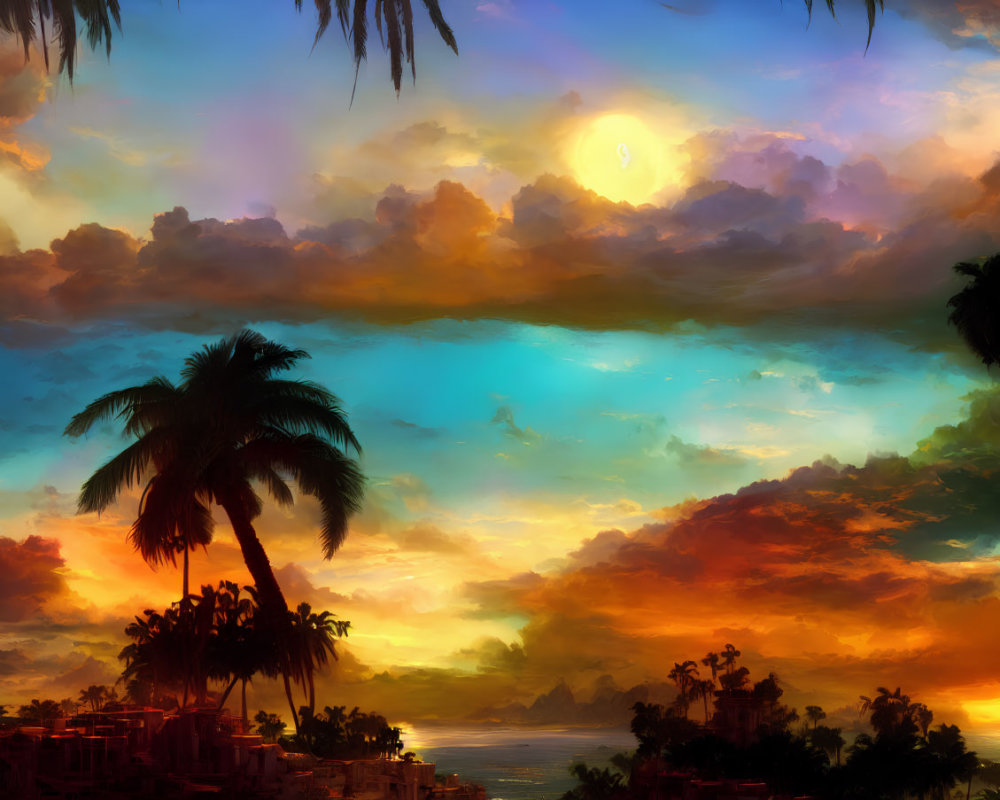 Vivid Tropical Sunset with Silhouetted Palm Trees