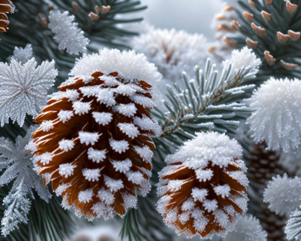 Frost-covered pine cones and needles with ice crystals on wintry backdrop