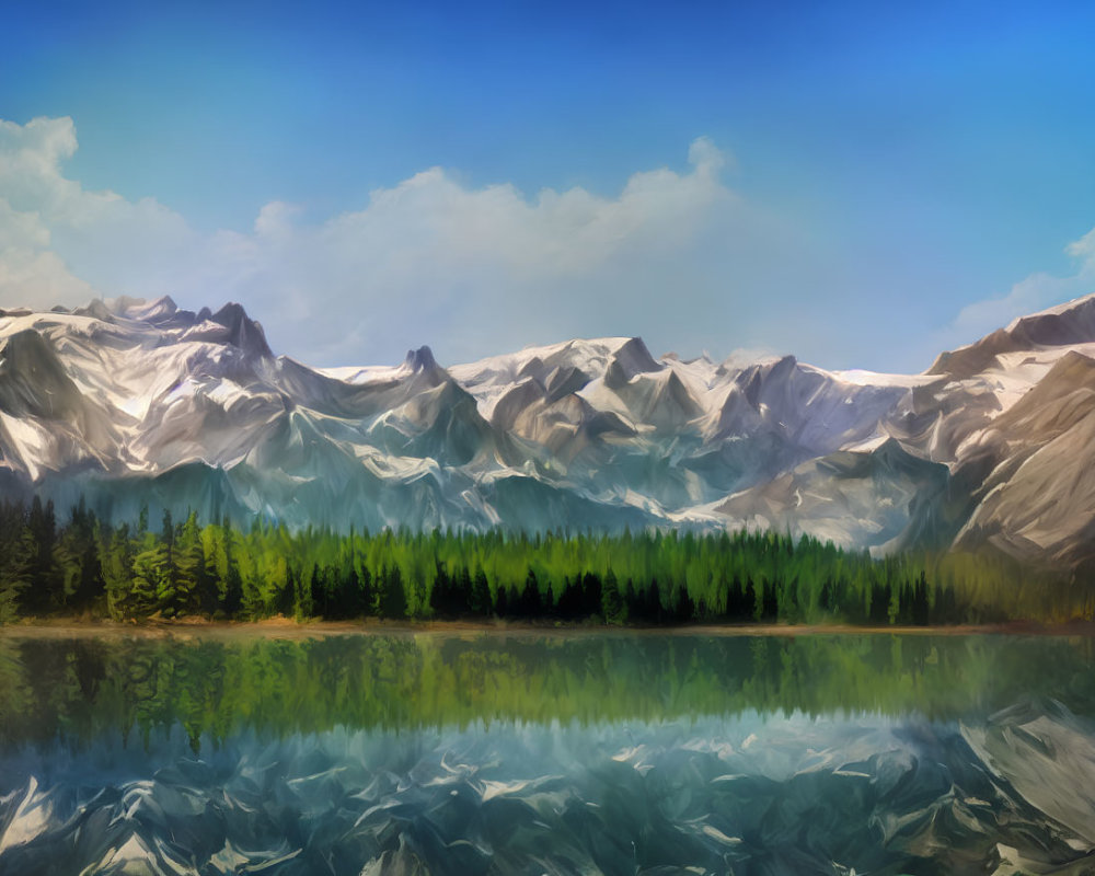 Snowy Peaks and Pine Forest: Serene Mountain Landscape Reflection