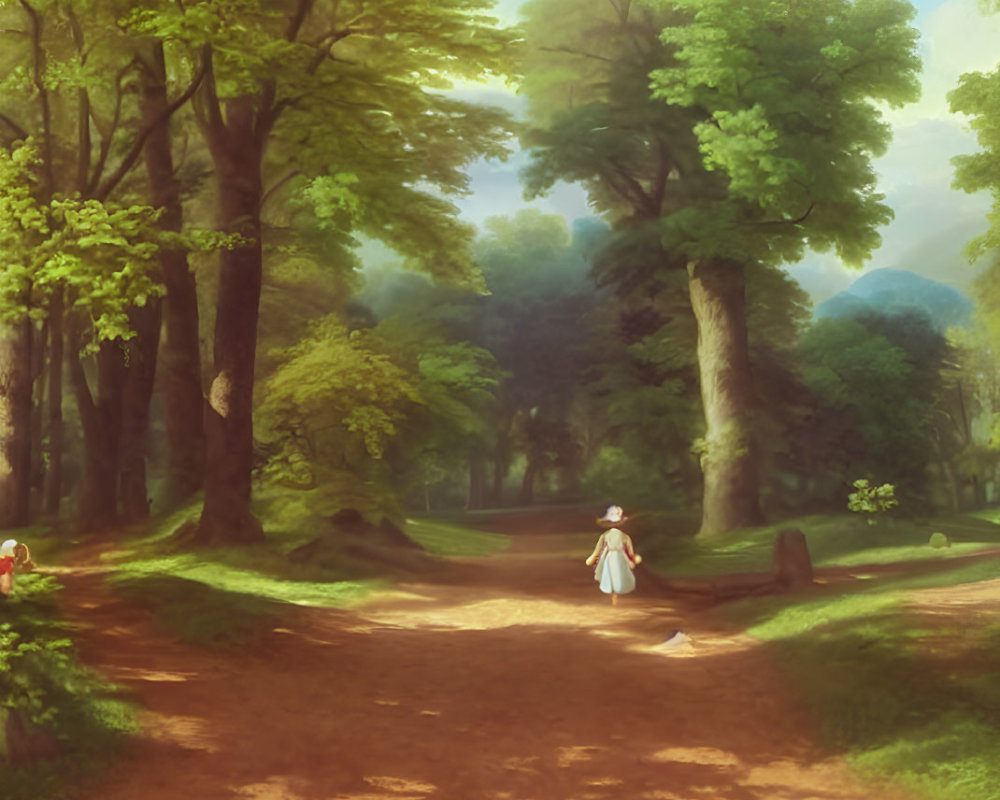 Woman walking in serene forest landscape surrounded by tall trees