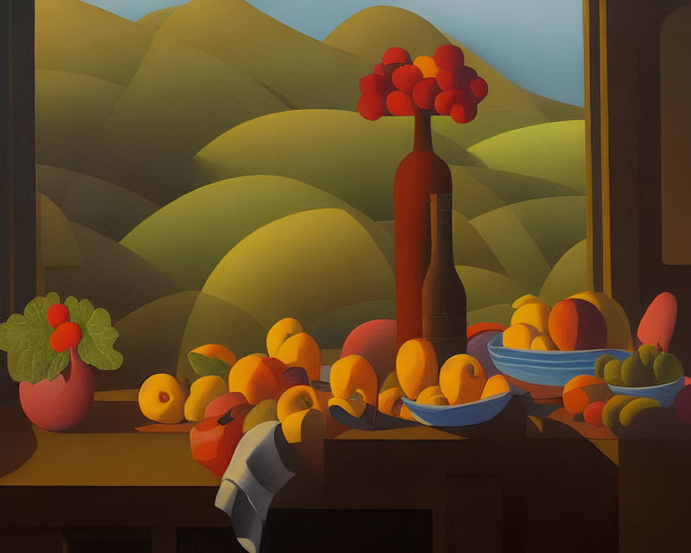 Classic Still Life with Fruit Bowl, Red Flowers, and Rolling Hills View