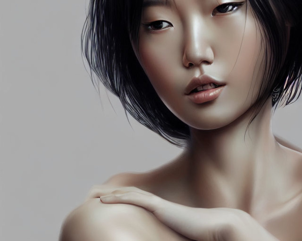 East Asian Woman with Short Black Hair in Digital Portrait