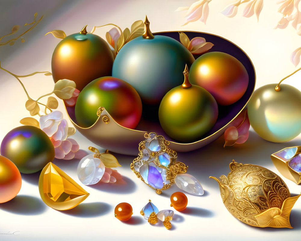 Colorful orbs, golden jewelry, and flowering branches in still life.