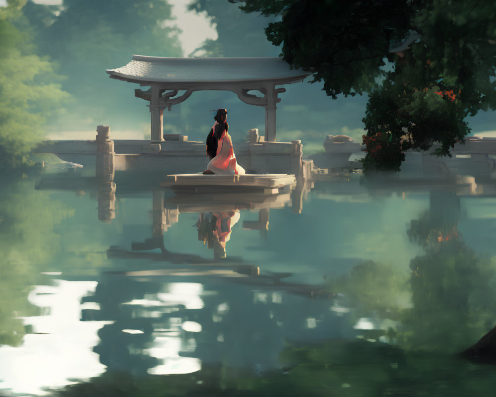 Traditional Attire Person on Pier by Tranquil Lake with Gazebo