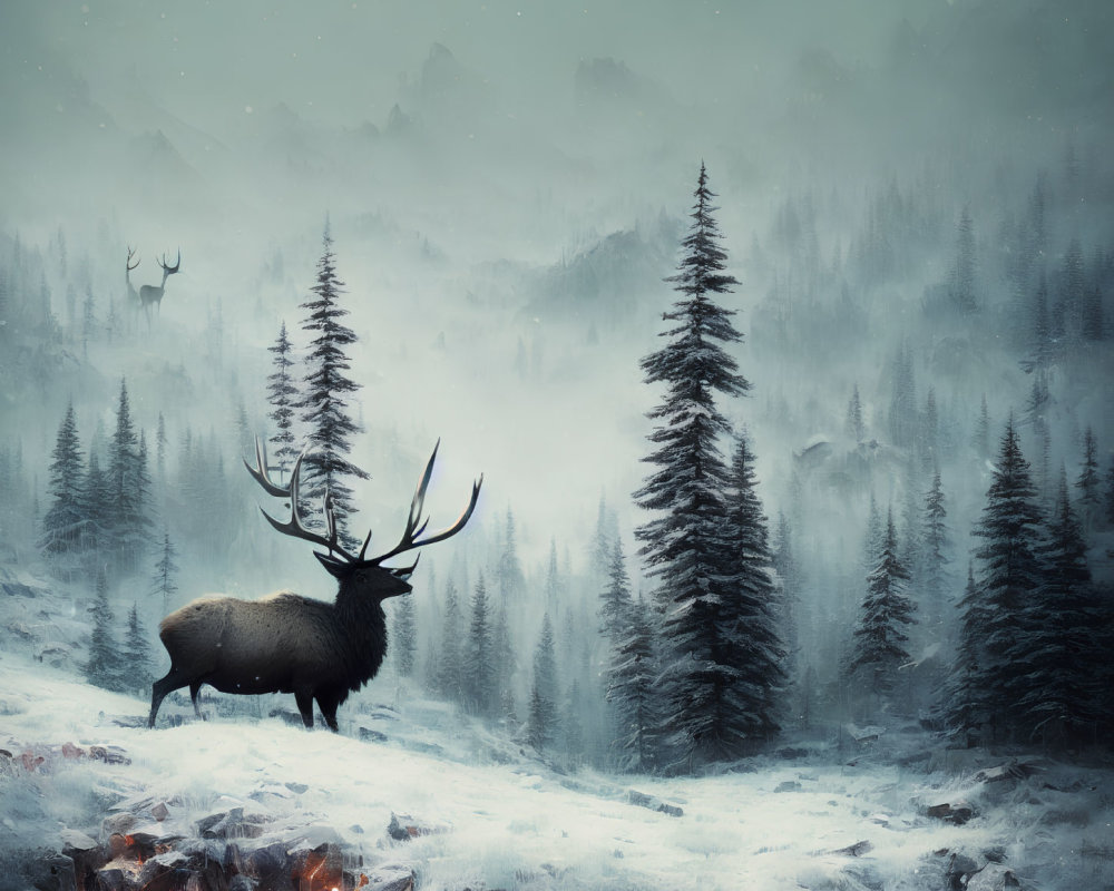 Majestic elk in snowy landscape with misty forests and mountains