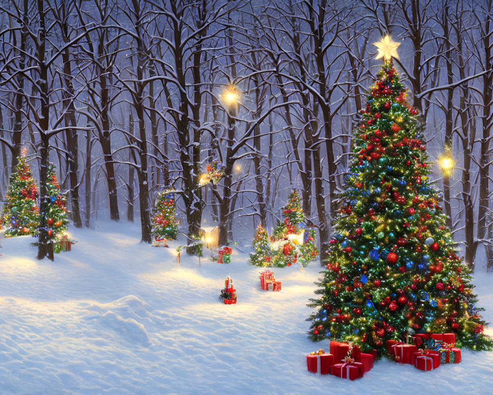 Snowy Pathway with Christmas Decorations and Gifts