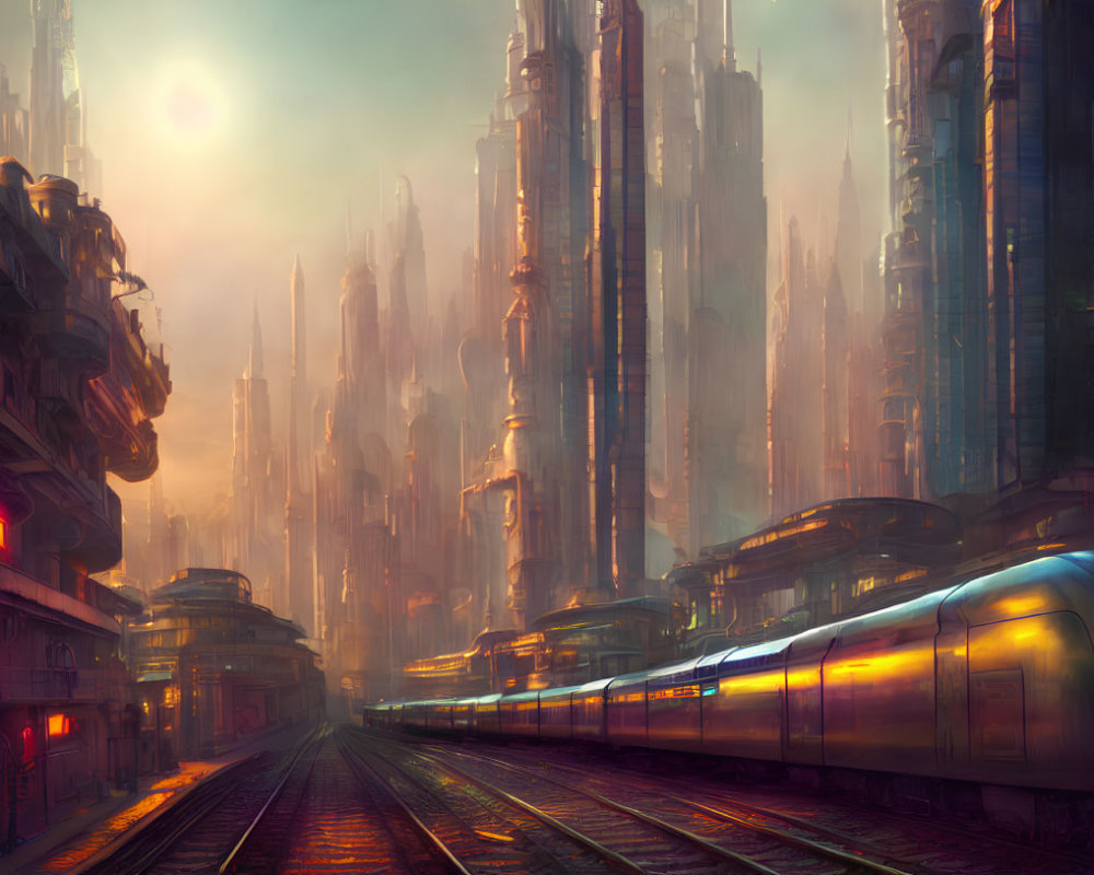 Futuristic city skyline with skyscrapers and sleek train at sunrise or sunset