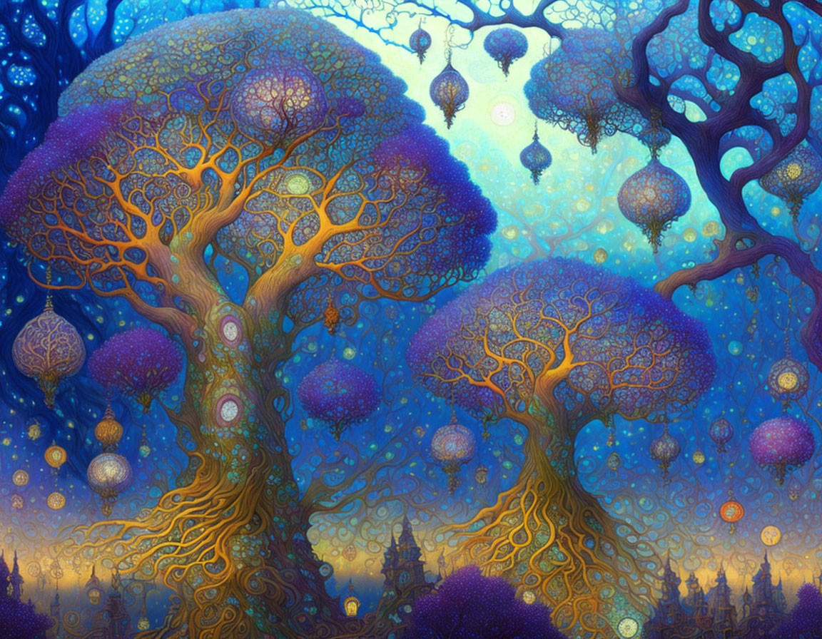 Fantasy landscape with luminous trees and floating orbs under starry sky