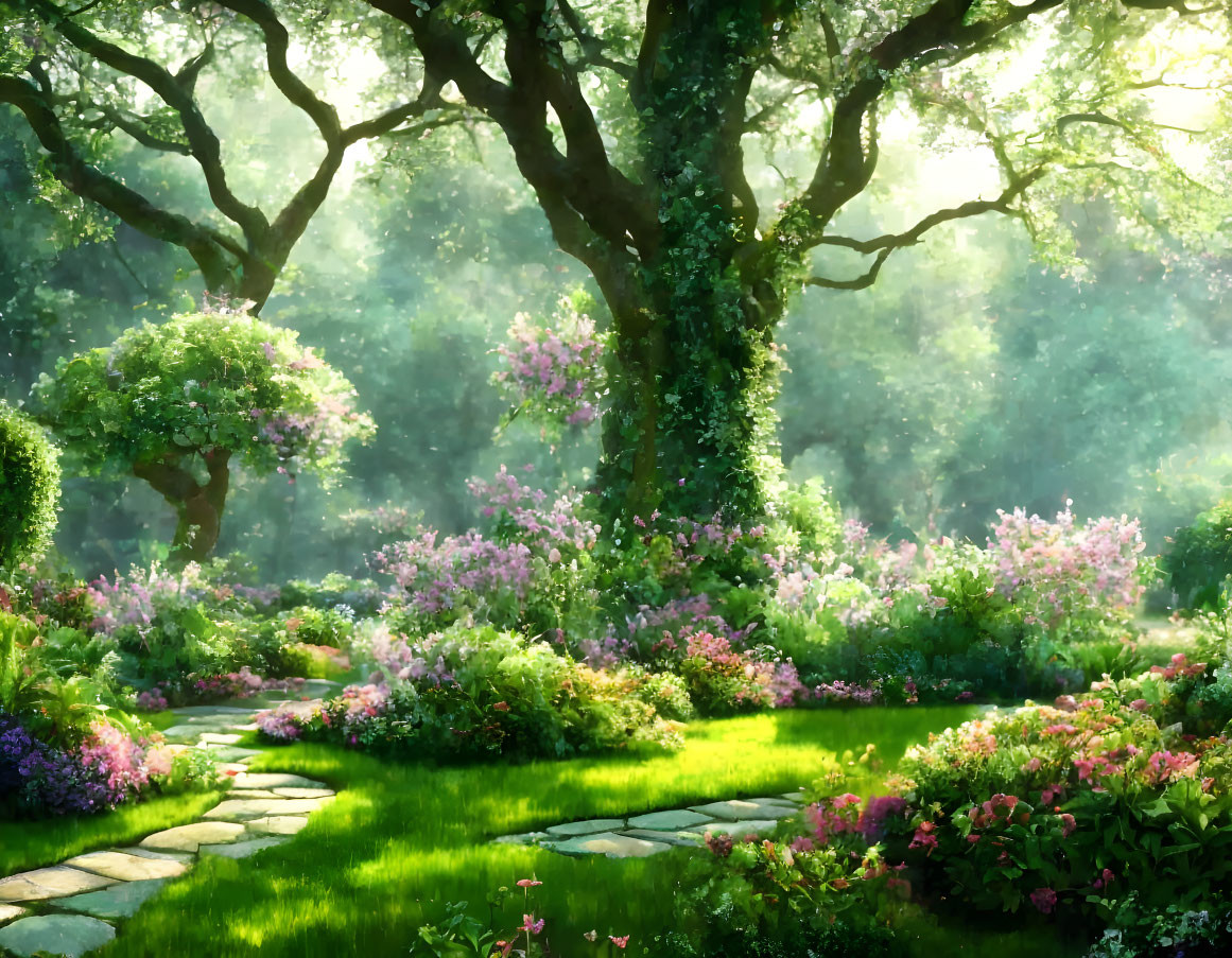 Tranquil garden with lush trees, flowering shrubs, and stone path