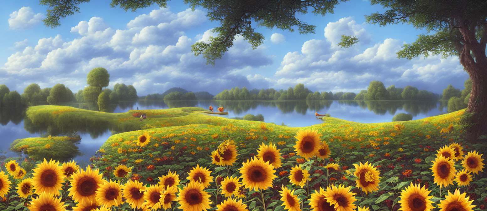 Tranquil landscape with river, sunflowers, trees, and cloudy sky