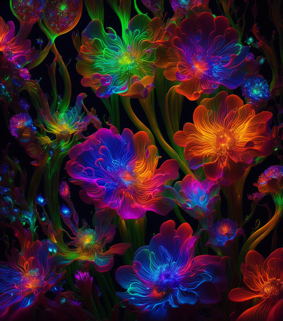 Neon-colored flowers in red, blue, and green on dark backdrop